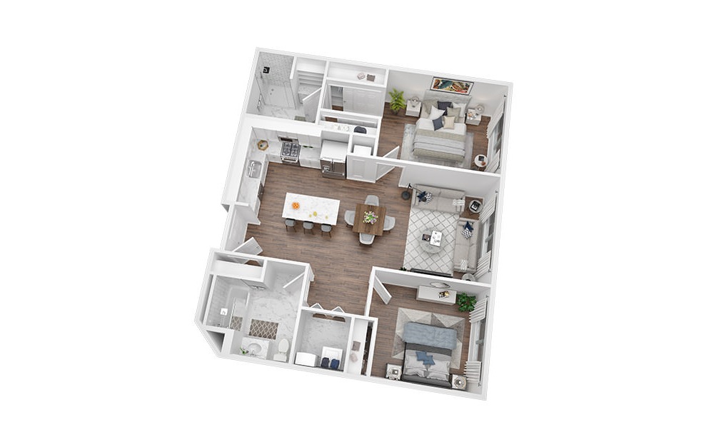 2 Bed - 2 Bath | 1063 Sq. Ft - 2 bedroom floorplan layout with 2 baths and 1063 square feet. (3D)