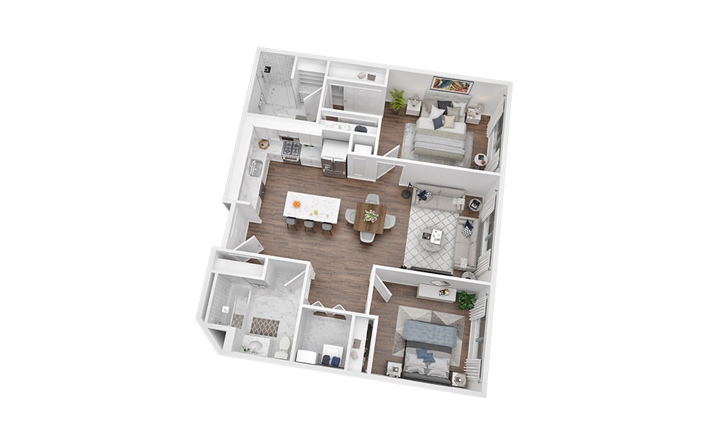 2 Bed - 2 Bath | 1063 Sq. Ft - 2 bedroom floorplan layout with 2 bathrooms and 1063 square feet (3D)