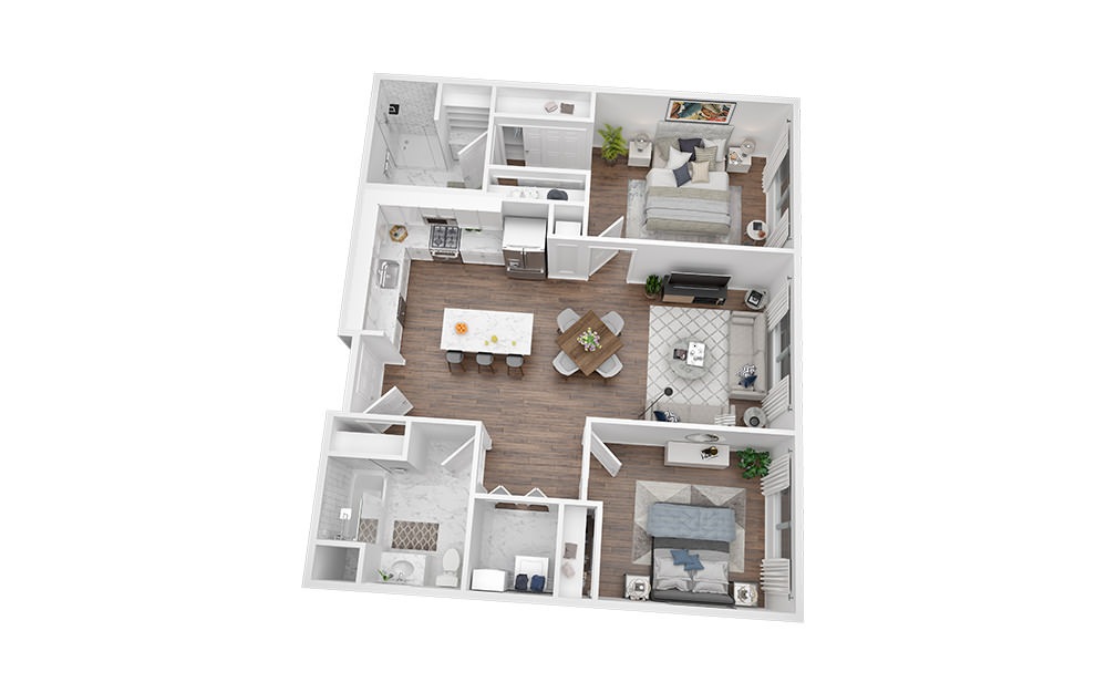 2 Bed - 2 Bath | 1072 Sq. Ft - 2 bedroom floorplan layout with 2 bathrooms and 1072 square feet (3D)