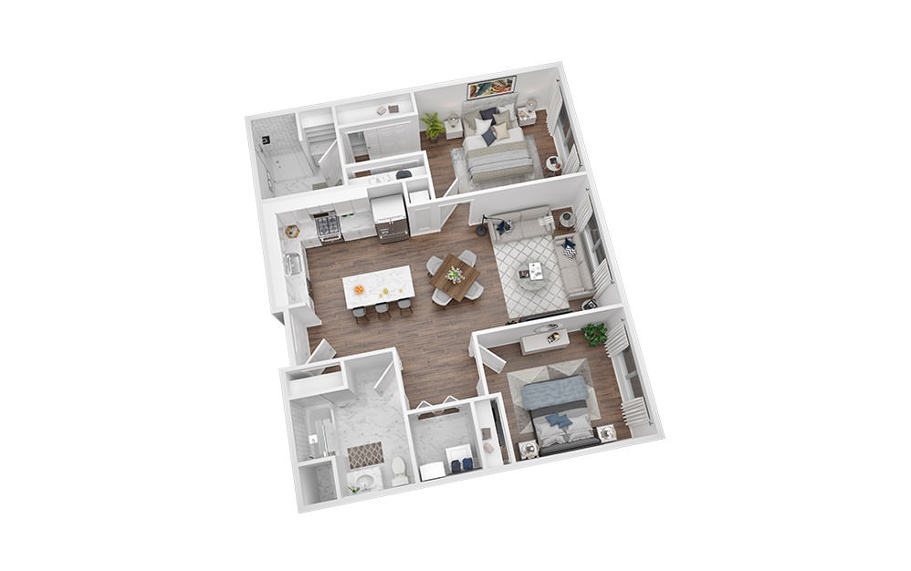 2 Bed - 2 Bath | 1084 Sq. Ft - 2 bedroom floorplan layout with 2 bathrooms and 1084 square feet (3D)