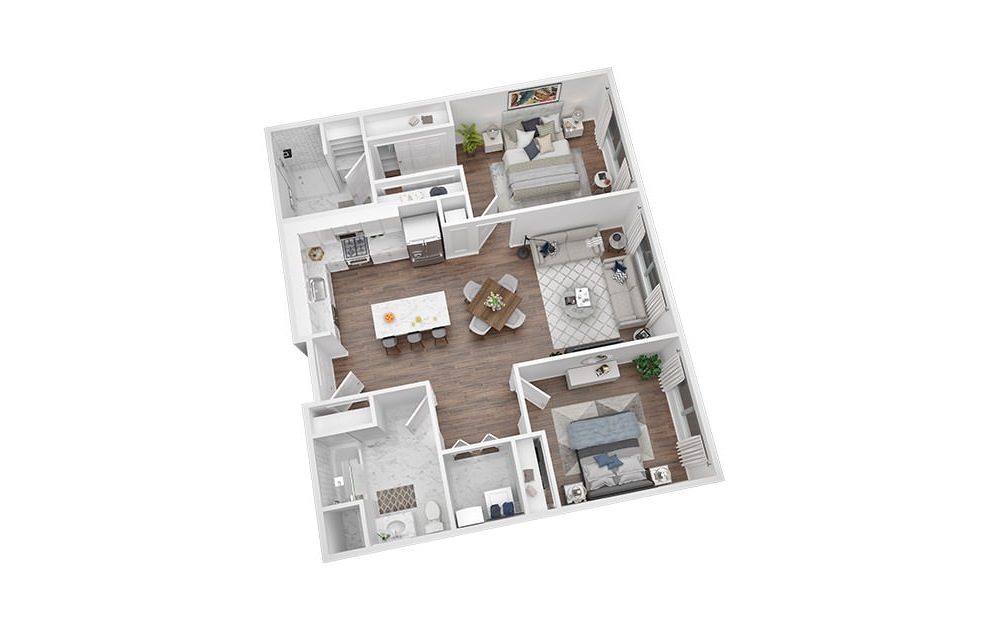 2 Bed - 2 Bath | 1084 Sq. Ft - 2 bedroom floorplan layout with 2 baths and 1084 square feet. (3D)