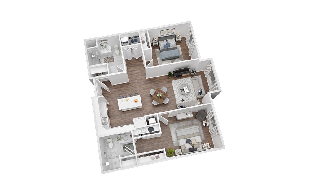 2 Bed - 2 Bath | 1115 Sq. Ft - 2 bedroom floorplan layout with 2 bathrooms and 1115 square feet (3D)