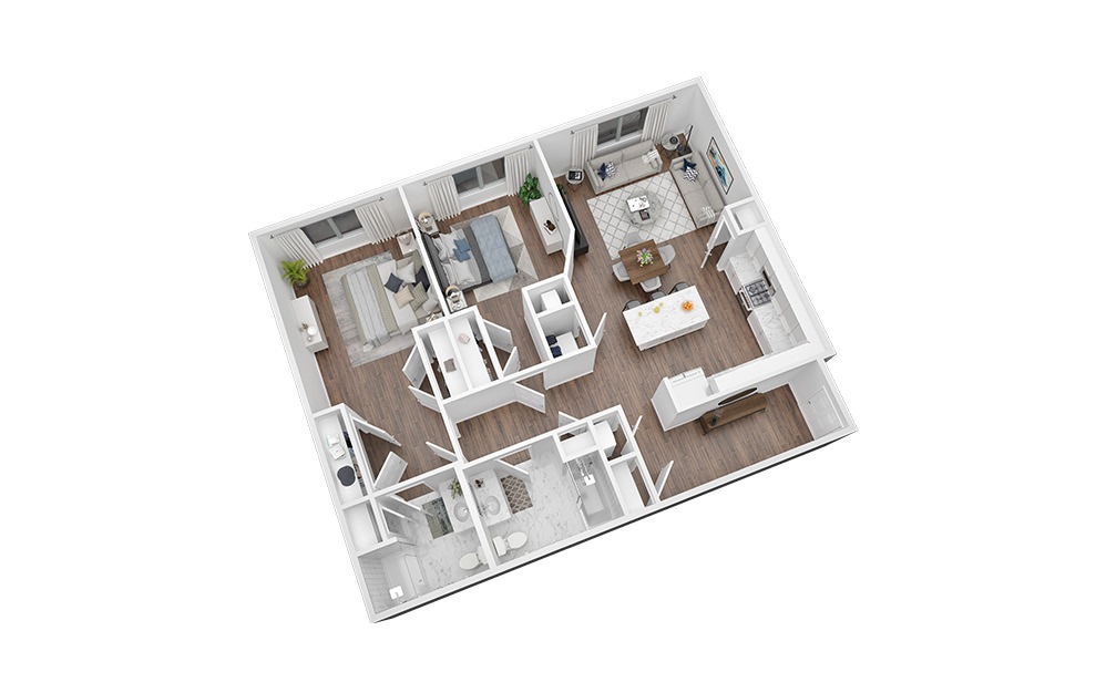 2 Bed - 2 Bath | 1162 Sq. Ft - 2 bedroom floorplan layout with 2 bathrooms and 1162 square feet (3D)