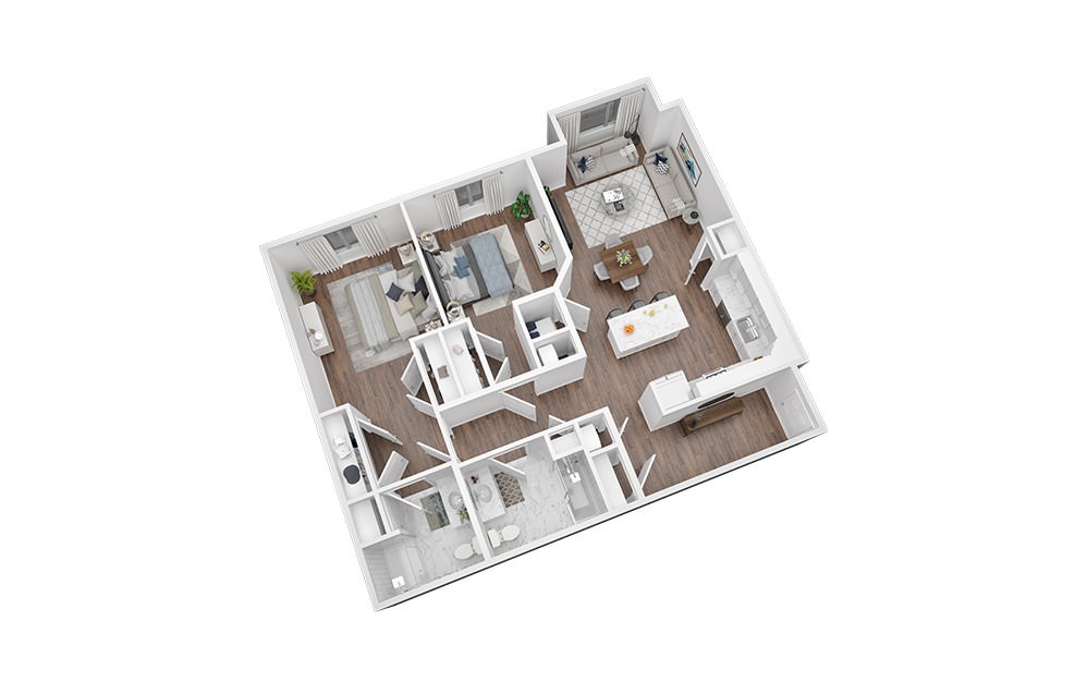 2 Bed - 2 Bath | 1188 Sq. Ft - 2 bedroom floorplan layout with 2 bathrooms and 1188 square feet (3D)