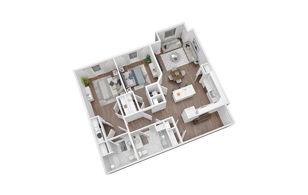2 Bed - 2 Bath | 1188 Sq. Ft - 2 bedroom floorplan layout with 2 baths and 1188 square feet. (3D)