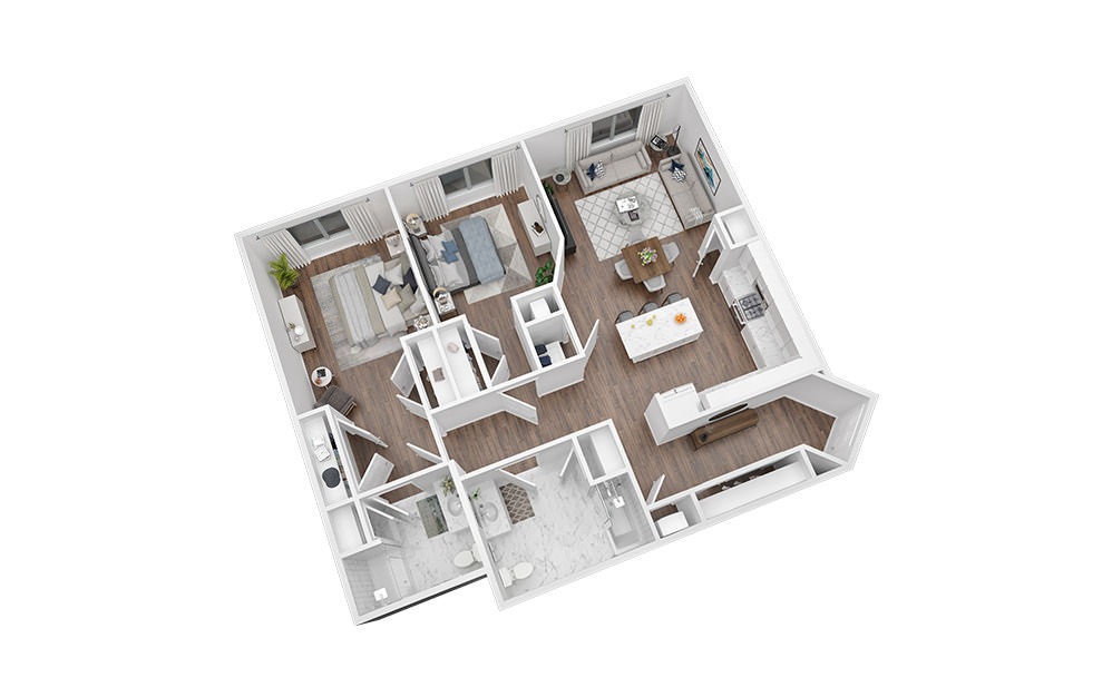 2 Bed - 2 Bath | 1256 sq. Ft - 2 bedroom floorplan layout with 2 bathrooms and 1256 square feet (3D)