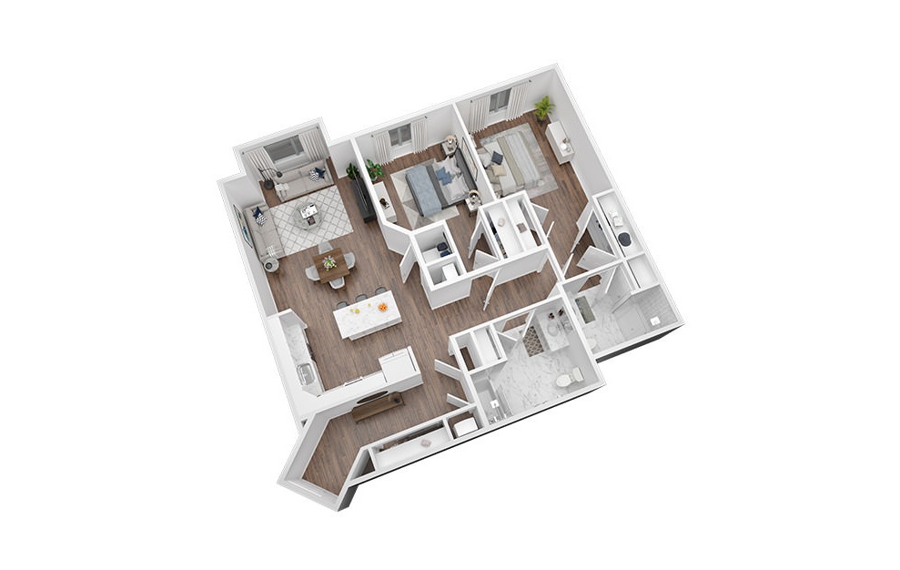 2 Bed - 2 Bath | 1285 Sq. Ft - 2 bedroom floorplan layout with 2 baths and 1285 square feet.