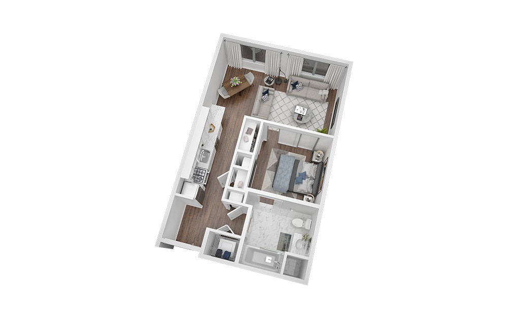 Studio - 1 Bath | 623 Sq. Ft - Studio floorplan layout with 1 bathroom and 623 square feet (3D)