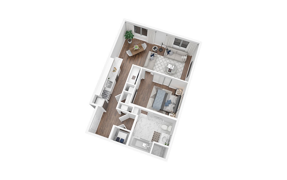 Studio - 1 Bath | 632 Sq. Ft - Studio floorplan layout with 1 bathroom and 632 square feet (3D)