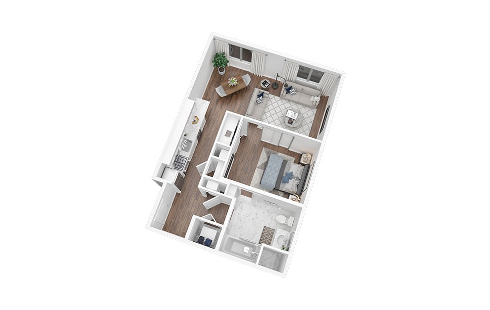 Studio - 1 Bath | 632 Sq. Ft - Studio floorplan layout with 1 bath and 632 square feet. (3D)