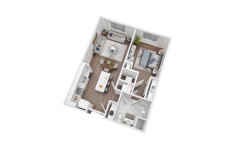 1 Bed - 1 Bath | 728 Sq. Ft - 1 bedroom floorplan layout with 1 bath and 728 square feet. (3D)
