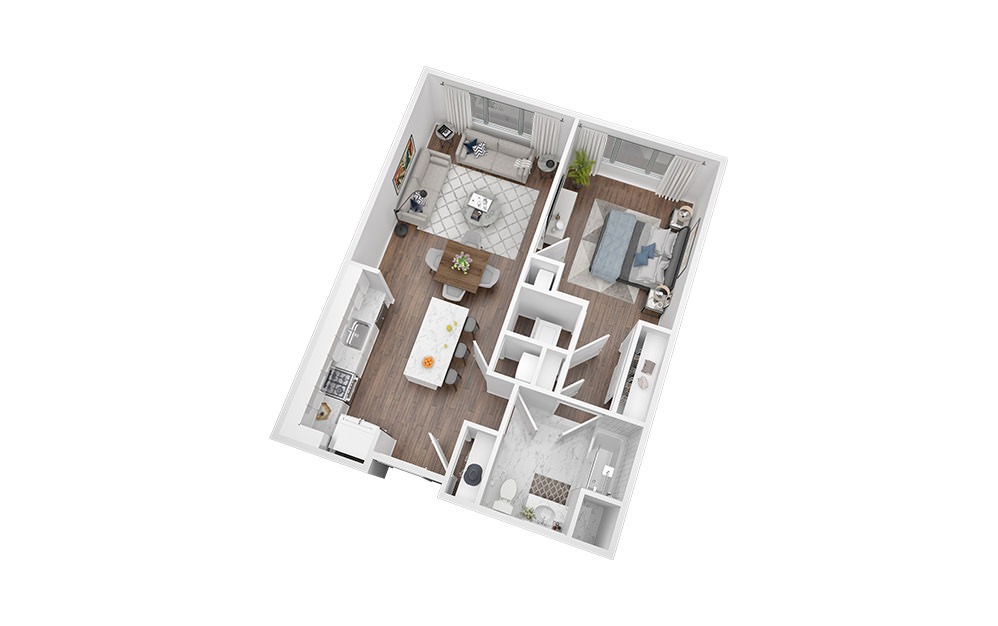 1 Bed - 1 Bath | 728 Sq. Ft - 1 bedroom floorplan layout with 1 bathroom and 728 square feet (3D)