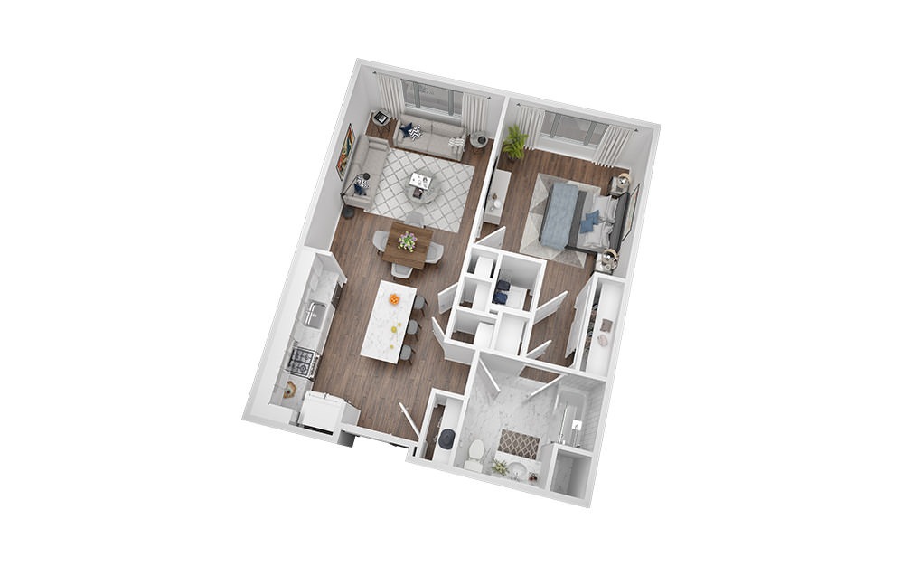 1 Bed - 1 Bath | 768 Sq. Ft - 1 bedroom floorplan layout with 1 bathroom and 768 square feet (3D)