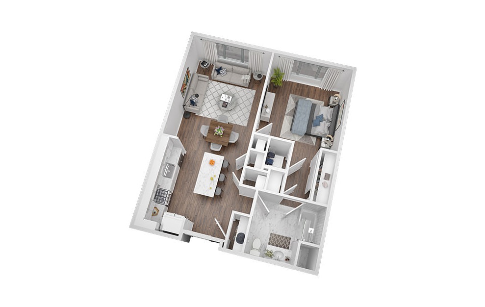 1 Bed - 1 Bath | 768 Sq. Ft - 1 bedroom floorplan layout with 1 bath and 768 square feet. (3D)