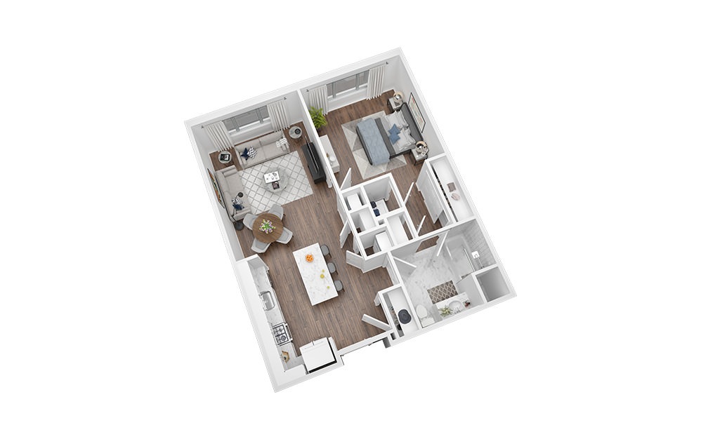 1 Bed - 1 Bath | 784 Sq. Ft - 1 bedroom floorplan layout with 1 bathroom and 784 square feet (3D)