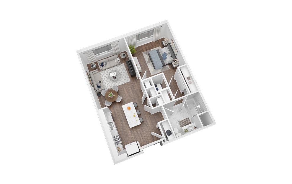 1 Bed - 1 Bath | 784 Sq. Ft - 1 bedroom floorplan layout with 1 bath and 784 square feet. (3D)