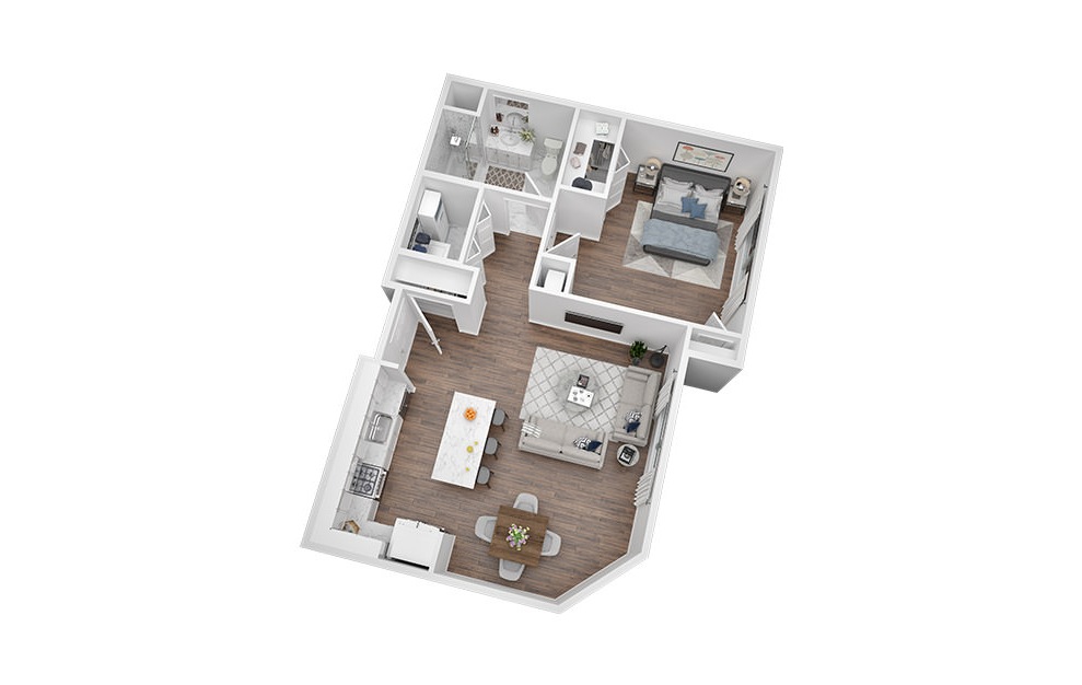 1 Bed - 1 Bath | 799 Sq. Ft - 1 bedroom floorplan layout with 1 bath and 799 square feet. (3D)