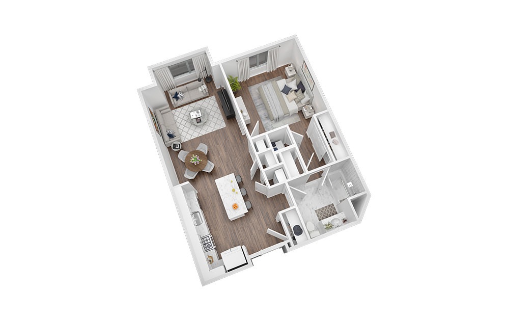 1 Bed - 1 Bath | 808 Sq. Ft - 1 bedroom floorplan layout with 1 bathroom and 808 square feet (3D)