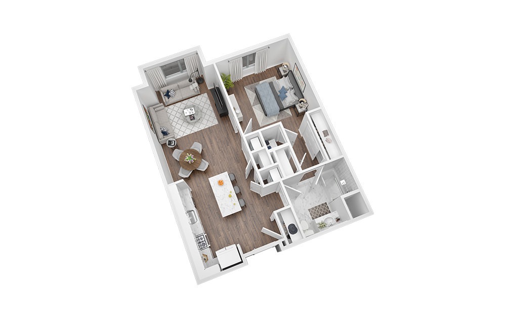 1 Bed - 1 Bath | 812 Sq. Ft - 1 bedroom floorplan layout with 1 bathroom and 812 square feet (3D)