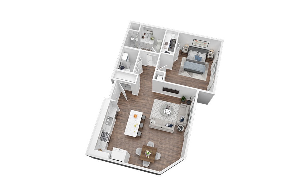 1 Bed - 1 Bath | 815 Sq. Ft - 1 bedroom floorplan layout with 1 bath and 815 square feet. (3D)